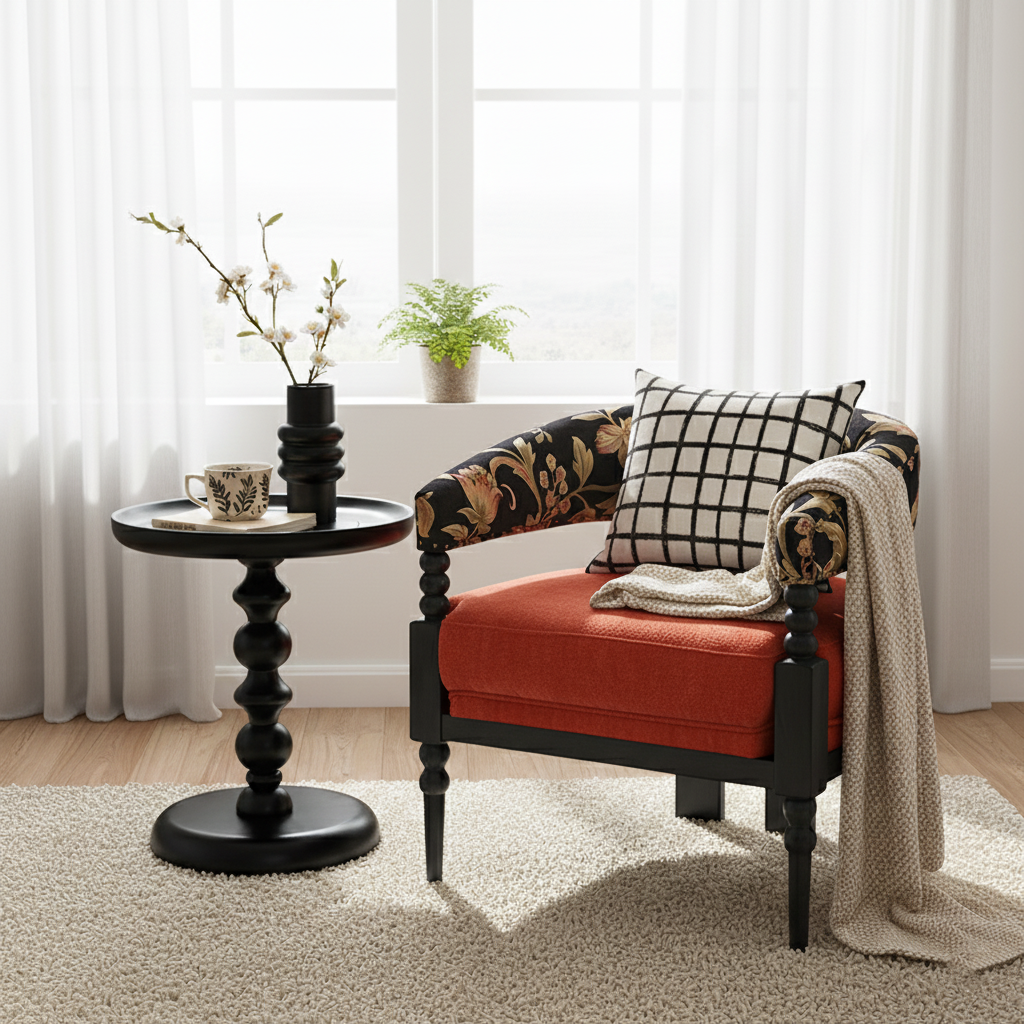 Traditional French-Style Solid Ash Wood Curved Handrail Accent Chair & Table Set in Cotton-Linen Blend for Living Room
