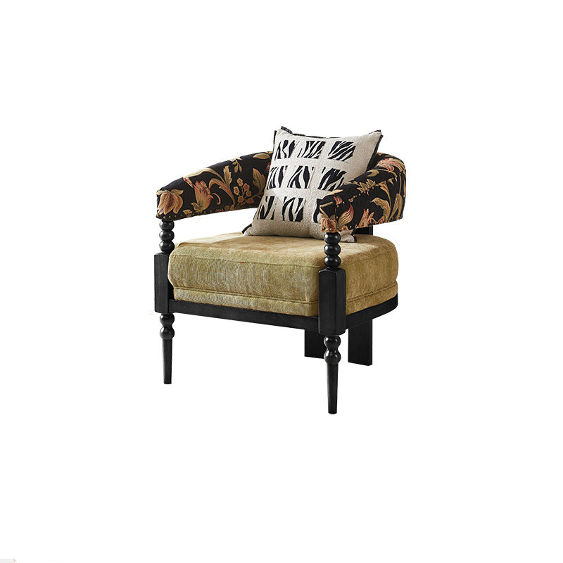 Traditional French-Style Solid Ash Wood Curved Handrail Accent Chair & Table Set in Cotton-Linen Blend for Living Room