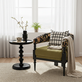 Traditional French-Style Solid Ash Wood Curved Handrail Accent Chair & Table Set in Cotton-Linen Blend for Living Room