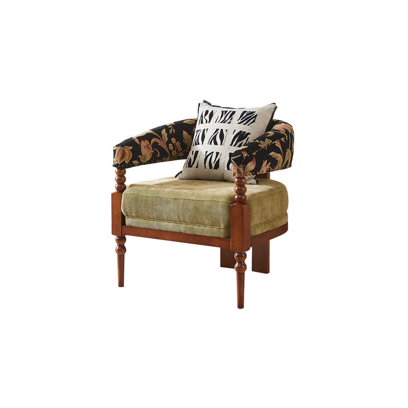 Traditional French-Style Solid Ash Wood Curved Handrail Accent Chair & Table Set in Cotton-Linen Blend for Living Room