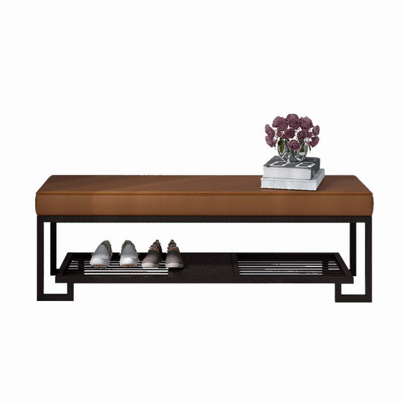 Sleek Modern Minimalist Rectangular Wrought Iron Shoe Bench with PU Leather & Tech Fabric, 2-Tier for Entryway