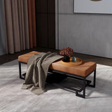 Sleek Modern Minimalist Rectangular Wrought Iron Shoe Bench with PU Leather & Tech Fabric, 2-Tier for Entryway