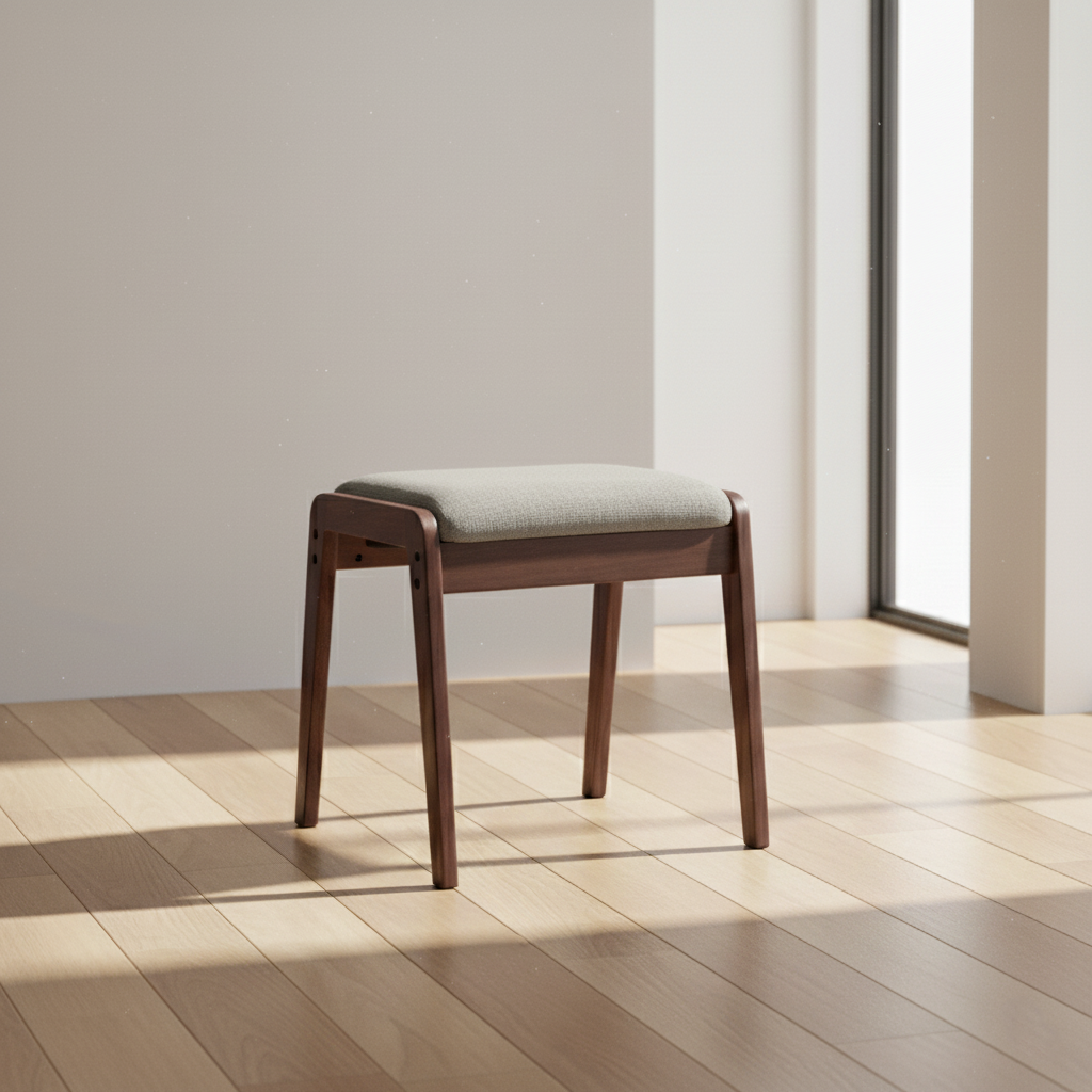 Sleek Modern Minimalist Rectangular Solid Wood Vanity Stool with Linen Cushioned Seat for the Bedroom