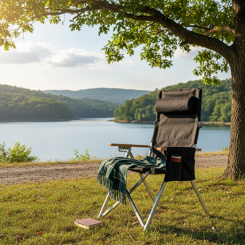 Contemporary Industrial Foldable Camping Chair with Oxford Fabric, Aluminum Alloy and Carbon Steel Frame, Solid Wood Accents, 5-Level Adjustable Backrest for Outdoor Patio