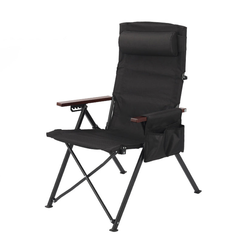 Contemporary Industrial Foldable Camping Chair with Oxford Fabric, Aluminum Alloy and Carbon Steel Frame, Solid Wood Accents, 5-Level Adjustable Backrest for Outdoor Patio