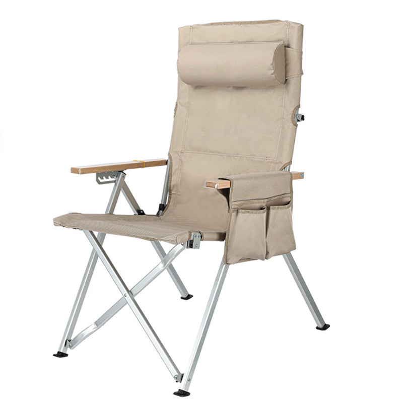 Contemporary Industrial Foldable Camping Chair with Oxford Fabric, Aluminum Alloy and Carbon Steel Frame, Solid Wood Accents, 5-Level Adjustable Backrest for Outdoor Patio
