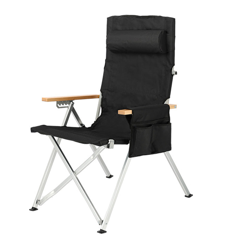 Contemporary Industrial Foldable Camping Chair with Oxford Fabric, Aluminum Alloy and Carbon Steel Frame, Solid Wood Accents, 5-Level Adjustable Backrest for Outdoor Patio