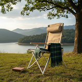 Contemporary Industrial Foldable Camping Chair with Oxford Fabric, Aluminum Alloy and Carbon Steel Frame, Solid Wood Accents, 5-Level Adjustable Backrest for Outdoor Patio