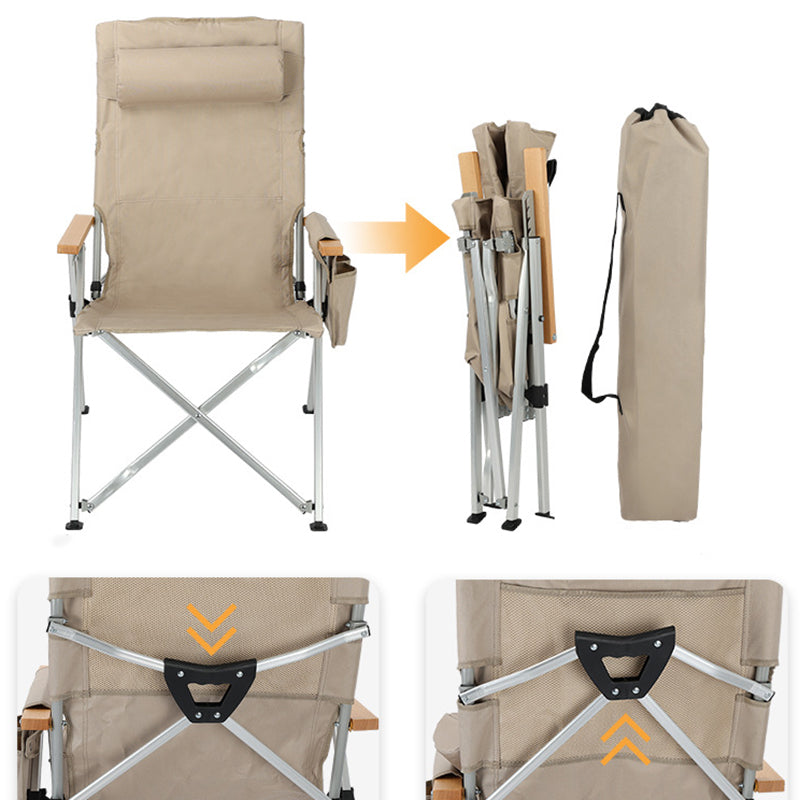 Contemporary Industrial Foldable Camping Chair with Oxford Fabric, Aluminum Alloy and Carbon Steel Frame, Solid Wood Accents, 5-Level Adjustable Backrest for Outdoor Patio