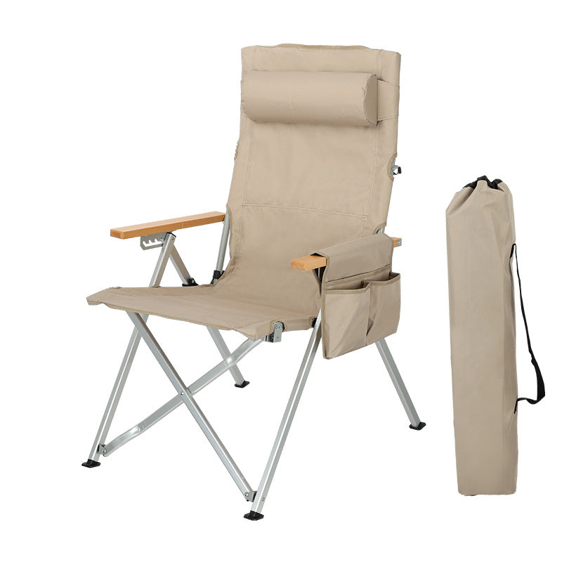 Contemporary Industrial Foldable Camping Chair with Oxford Fabric, Aluminum Alloy and Carbon Steel Frame, Solid Wood Accents, 5-Level Adjustable Backrest for Outdoor Patio