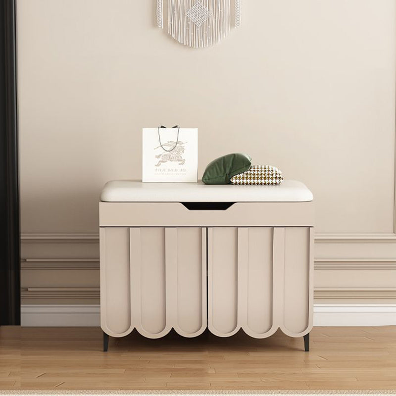 Contemporary Solid Wood Rectangular 4-Tier Shoe Bench with Scalloped Edge and Rounded Corners, Eco-Friendly Faux Leather Top for Entryway