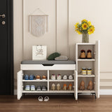 Contemporary Solid Wood Rectangular 4-Tier Shoe Bench with Scalloped Edge and Rounded Corners, Eco-Friendly Faux Leather Top for Entryway