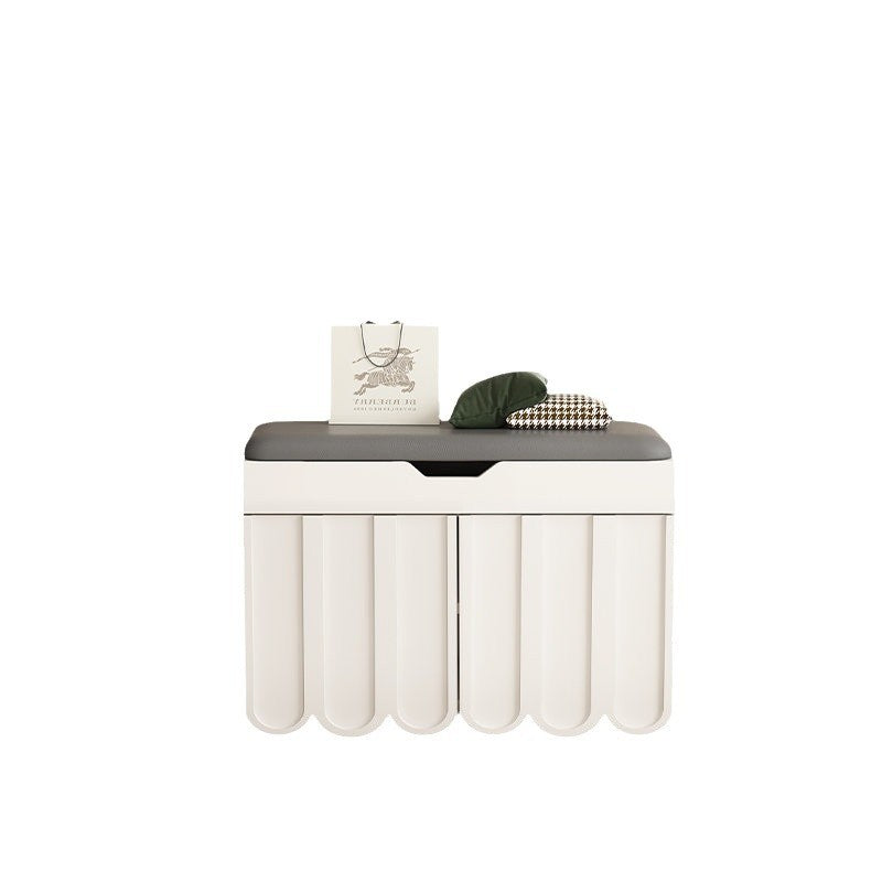 Contemporary Solid Wood Rectangular 4-Tier Shoe Bench with Scalloped Edge and Rounded Corners, Eco-Friendly Faux Leather Top for Entryway