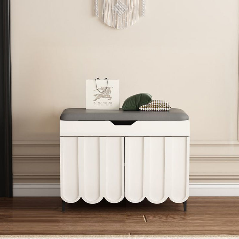 Contemporary Solid Wood Rectangular 4-Tier Shoe Bench with Scalloped Edge and Rounded Corners, Eco-Friendly Faux Leather Top for Entryway