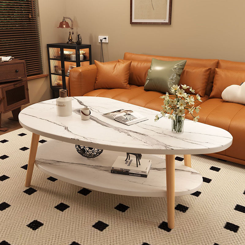 Traditional Chinese Mango-Shape MDF Wood Coffee Table, 2-Tier Living Room Storage Accent