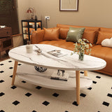Traditional Chinese Mango-Shape MDF Wood Coffee Table, 2-Tier Living Room Storage Accent