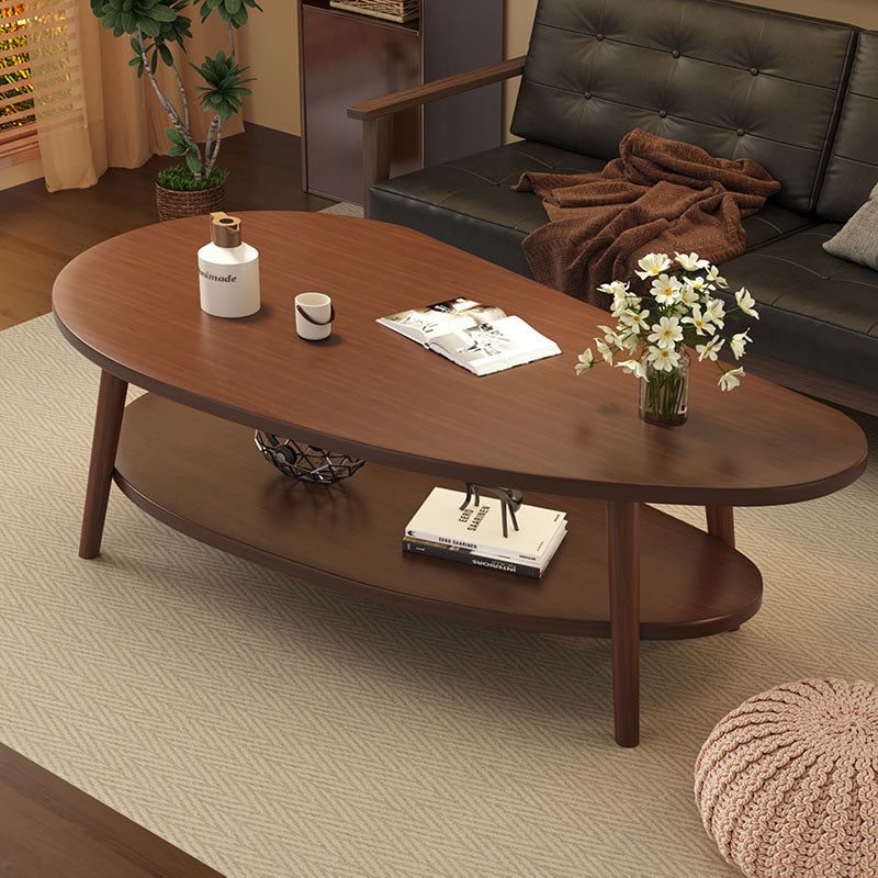 Traditional Chinese Mango-Shape MDF Wood Coffee Table, 2-Tier Living Room Storage Accent