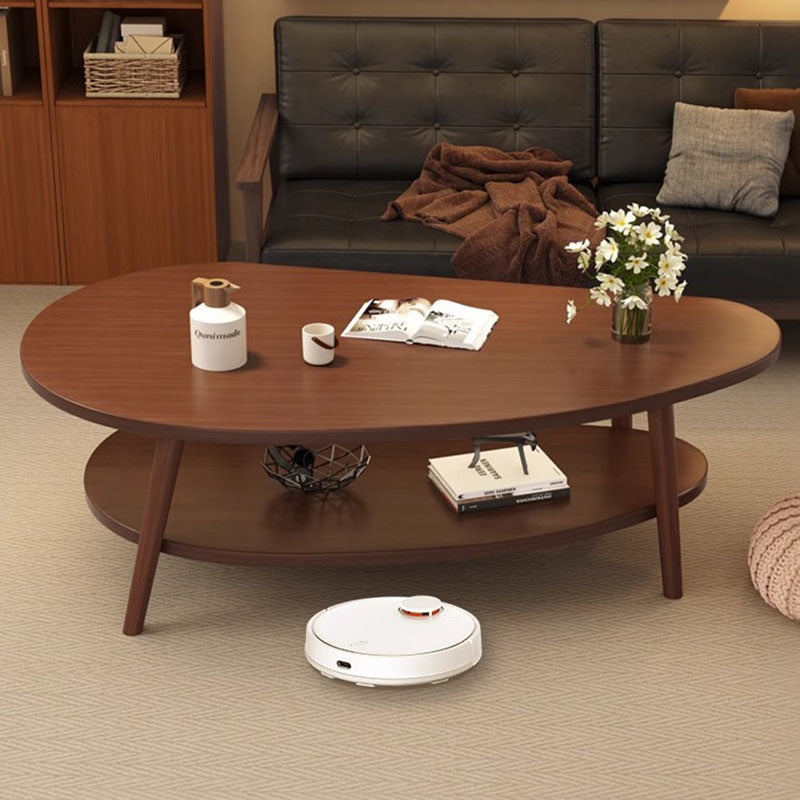 Traditional Chinese Mango-Shape MDF Wood Coffee Table, 2-Tier Living Room Storage Accent