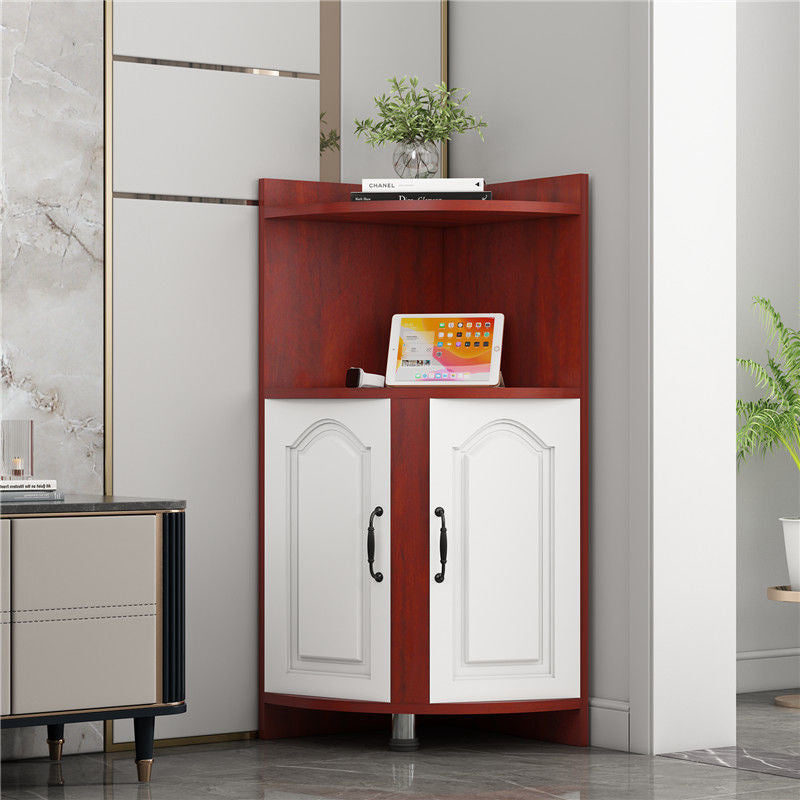 Contemporary Nordic Triangular Solid Wood Eco-Panel Corner Shelf Unit with 2 Cabinets and 2 Tiers for Living Room