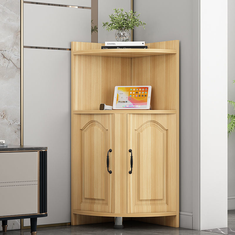 Contemporary Nordic Triangular Solid Wood Eco-Panel Corner Shelf Unit with 2 Cabinets and 2 Tiers for Living Room