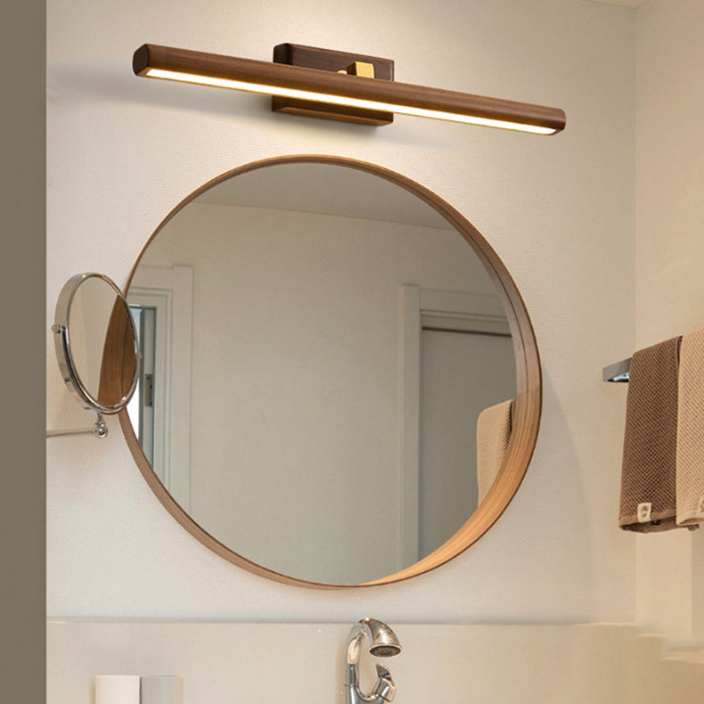 Traditional Japanese-Style Long Cylindrical LED Vanity Light – Rotatable Wall Sconce with Walnut Copper Finish for Bathroom Mirror Front