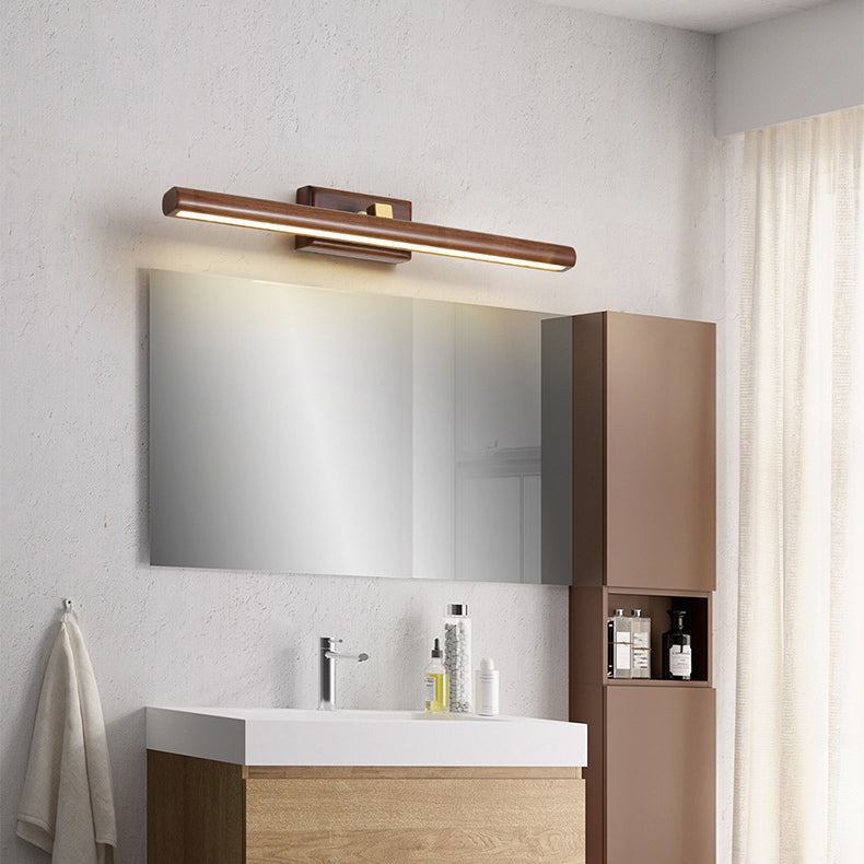 Traditional Japanese-Style Long Cylindrical LED Vanity Light – Rotatable Wall Sconce with Walnut Copper Finish for Bathroom Mirror Front