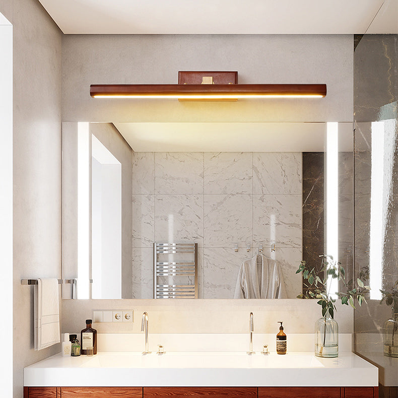 Traditional Japanese-Style Long Cylindrical LED Vanity Light – Rotatable Wall Sconce with Walnut Copper Finish for Bathroom Mirror Front