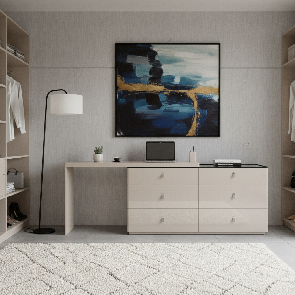 Sleek Adjustable-Length E1 MDF Storage Cabinet with 6 Drawers – Modern Minimalist Rectangular Makeup Vanity for Bedroom & Home Office