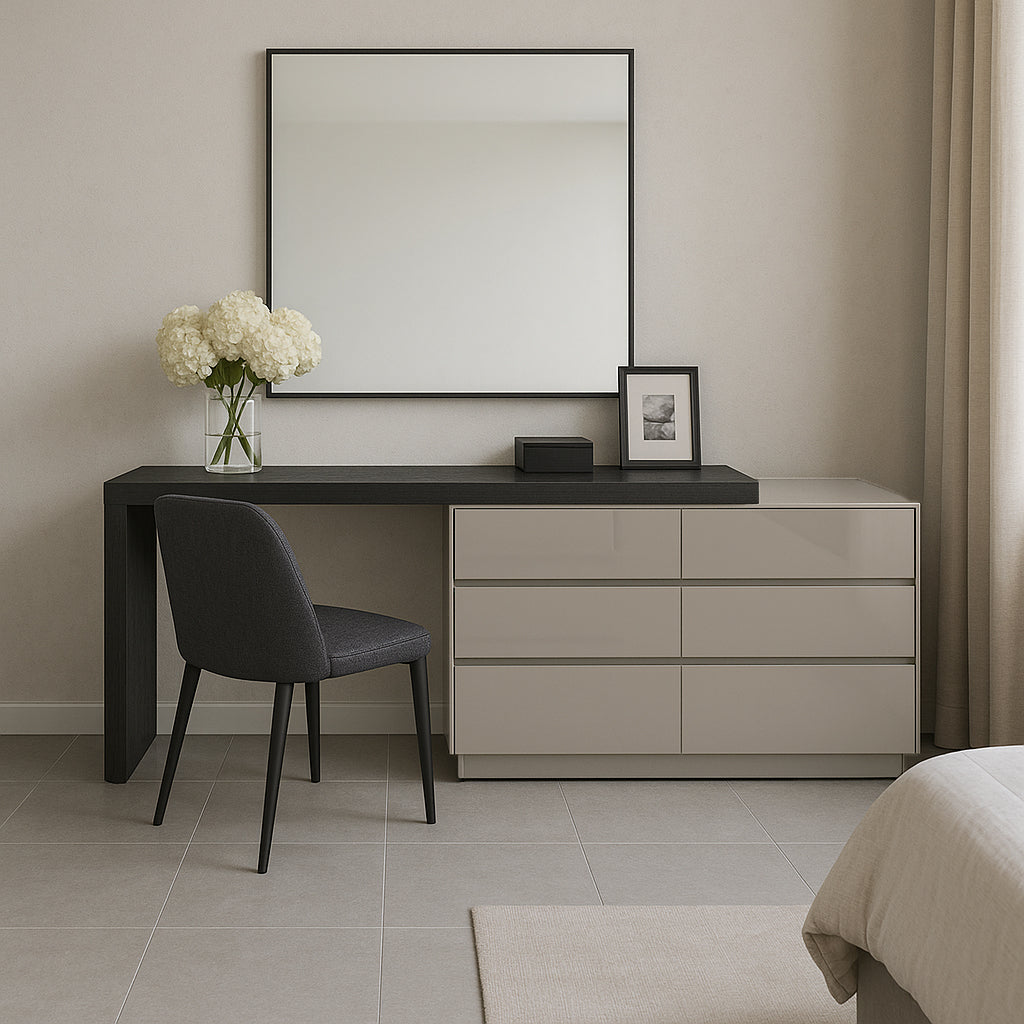 Chic Modern Minimalist E1 MDF Makeup Vanity with 3/6-Drawer Storage Cabinet – Perfect Bedroom Vanity Table