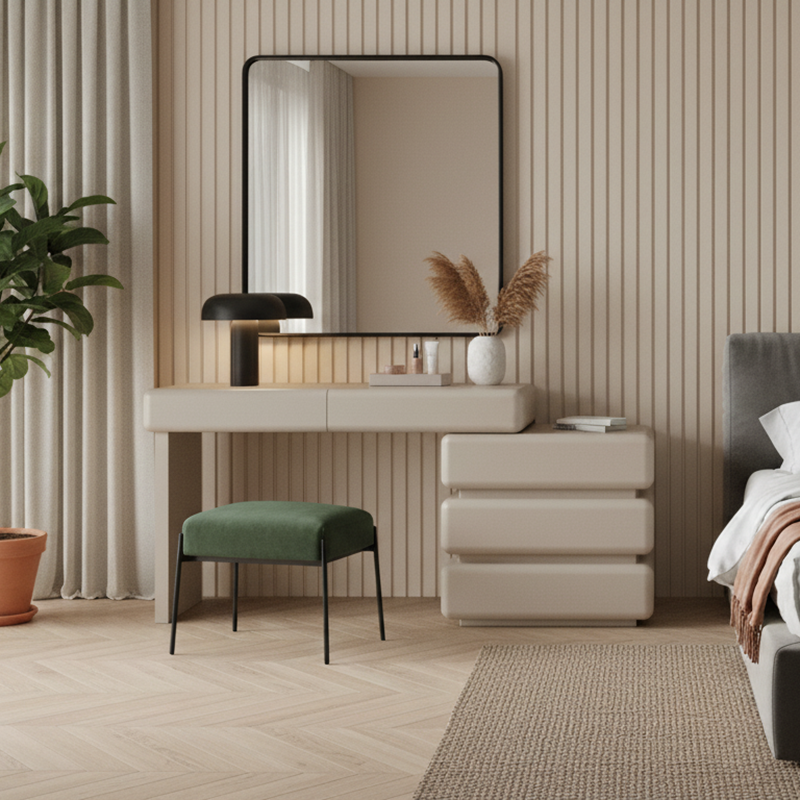 Modern Minimalist Khaki Makeup Vanity with 5/8-Drawer Chest — Solid Wood & Plywood Dresser & Bedroom Makeup Desk