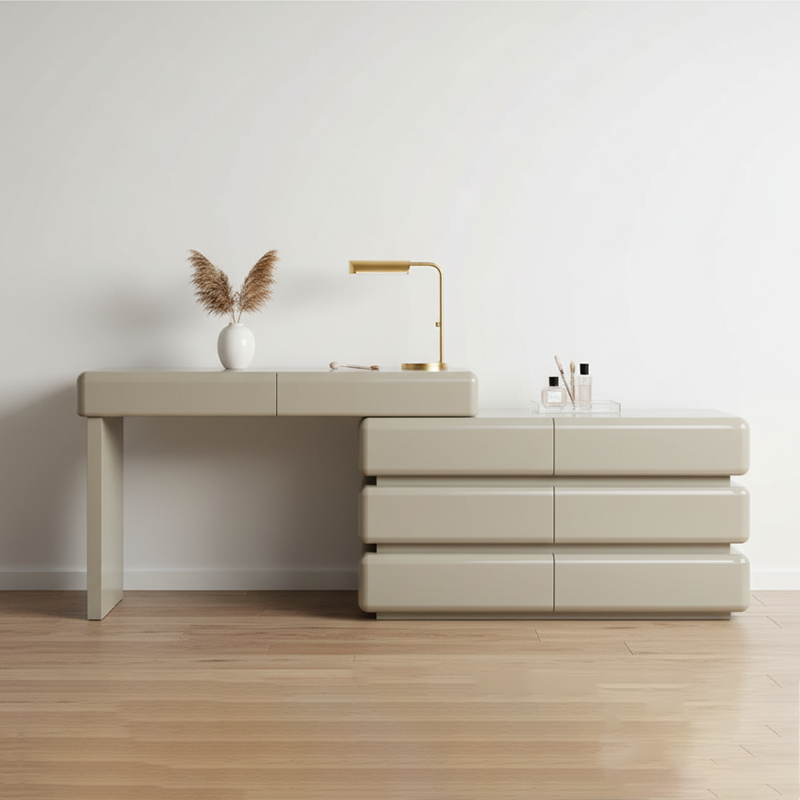 Modern Minimalist Khaki Makeup Vanity with 5/8-Drawer Chest — Solid Wood & Plywood Dresser & Bedroom Makeup Desk