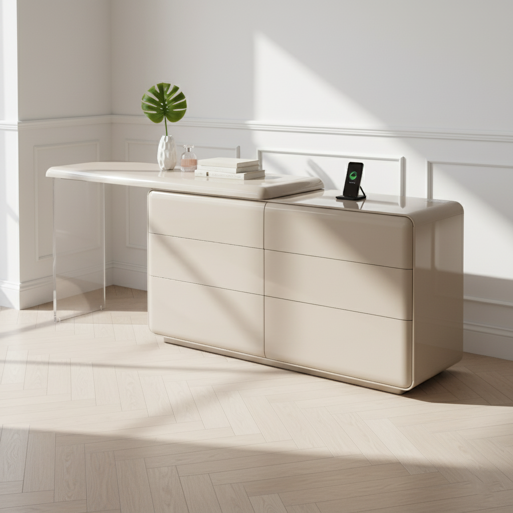 Khaki Modern Minimalist Makeup Vanity with Acrylic Legs and 6-Drawer Storage – E1 MDF Makeup Desk for Bedroom