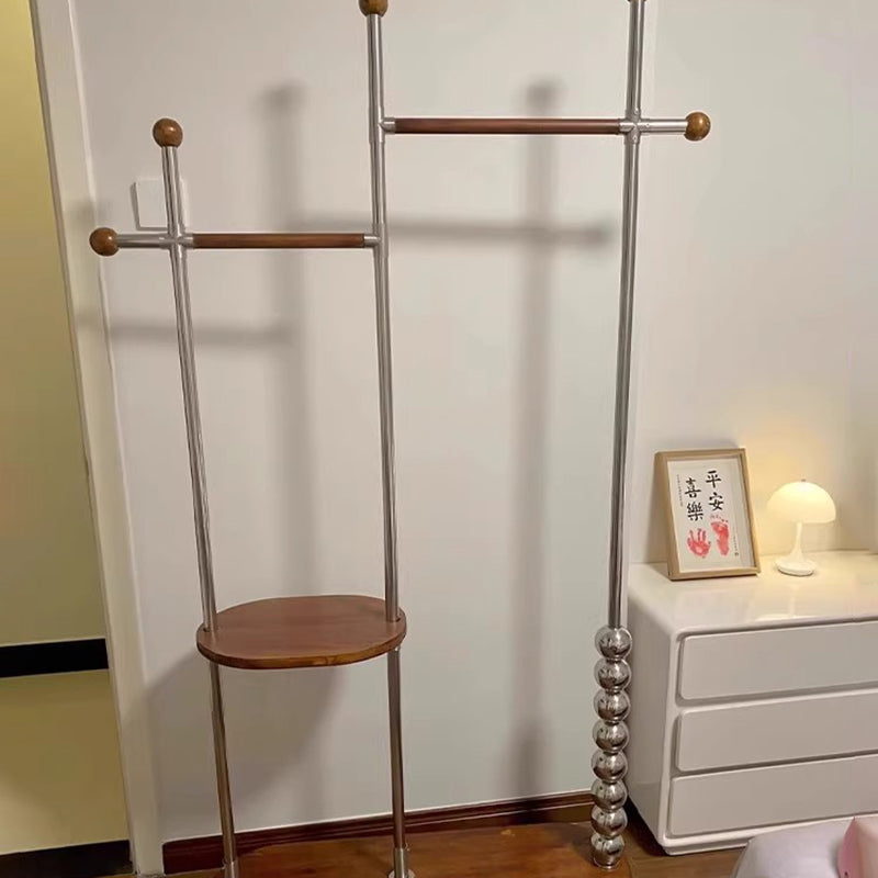 Modern Minimalist Oval Freestanding Hall Tree - Stainless Steel/Carbon Steel and Plywood, Double Hanging Bars for Bedroom
