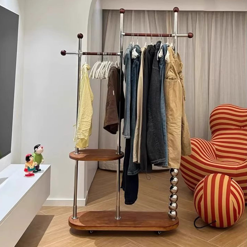 Modern Minimalist Oval Freestanding Hall Tree - Stainless Steel/Carbon Steel and Plywood, Double Hanging Bars for Bedroom