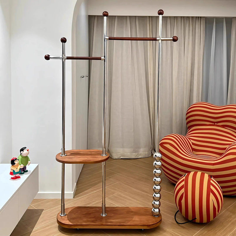 Modern Minimalist Oval Freestanding Hall Tree - Stainless Steel/Carbon Steel and Plywood, Double Hanging Bars for Bedroom