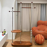 Modern Minimalist Oval Freestanding Hall Tree - Stainless Steel/Carbon Steel and Plywood, Double Hanging Bars for Bedroom