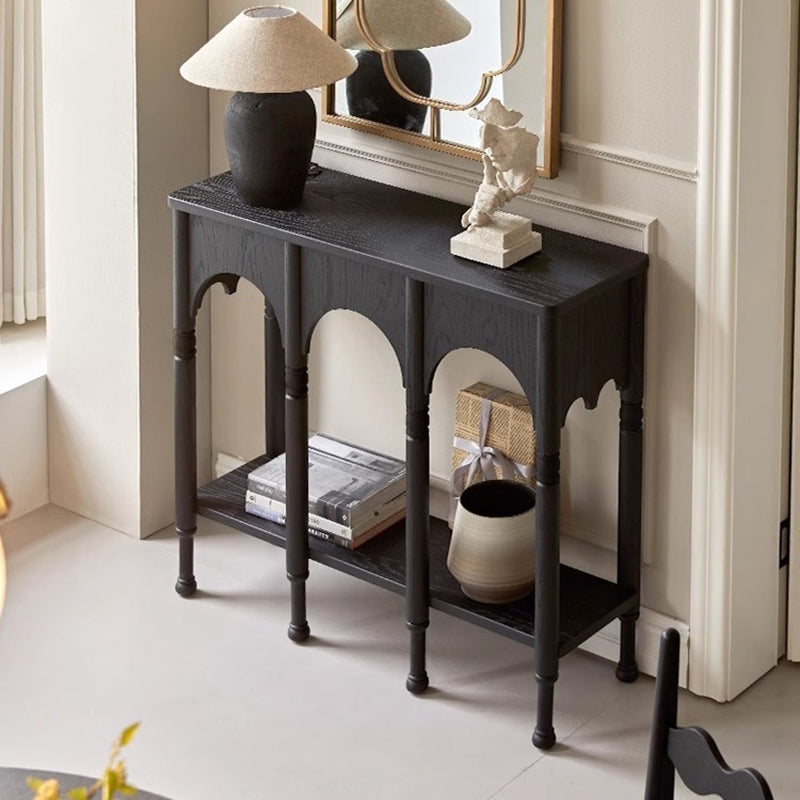Traditional French-Style Solid Ash Wood Rectangular Console Table with 2-Tier Storage for Entryway & Living Room