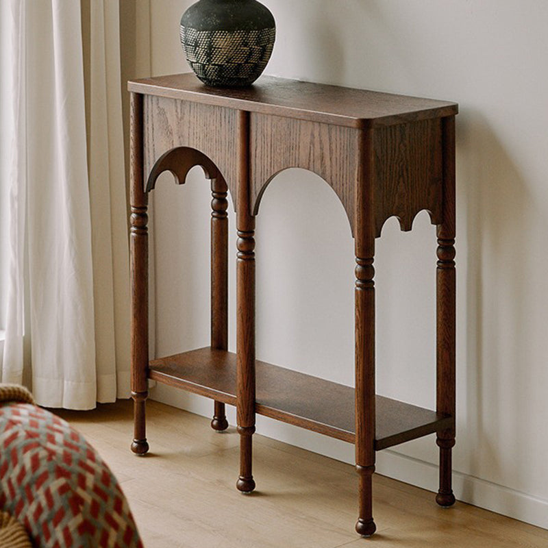Traditional French-Style Solid Ash Wood Rectangular Console Table with 2-Tier Storage for Entryway & Living Room