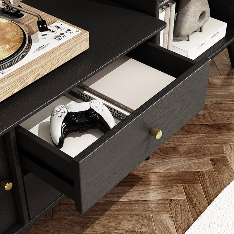 Contemporary Nordic Rectangular Solid Wood TV Stand with Long Rainbow Glass and Brass Accents, 4-Drawer, for Living Room