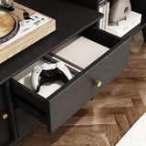 Contemporary Nordic Rectangular Solid Wood TV Stand with Long Rainbow Glass and Brass Accents, 4-Drawer, for Living Room