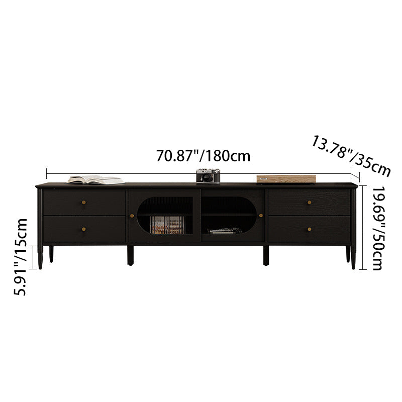 Contemporary Nordic Rectangular Solid Wood TV Stand with Long Rainbow Glass and Brass Accents, 4-Drawer, for Living Room