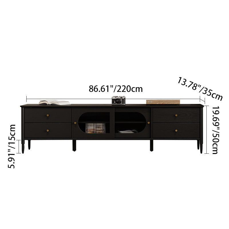 Contemporary Nordic Rectangular Solid Wood TV Stand with Long Rainbow Glass and Brass Accents, 4-Drawer, for Living Room