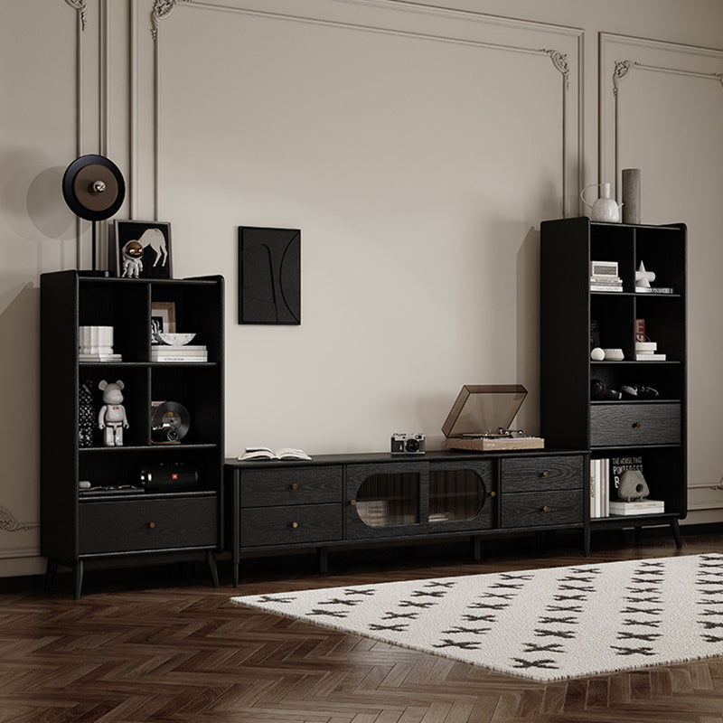 Contemporary Nordic Rectangular Solid Wood TV Stand with Long Rainbow Glass and Brass Accents, 4-Drawer, for Living Room
