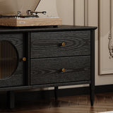 Contemporary Nordic Rectangular Solid Wood TV Stand with Long Rainbow Glass and Brass Accents, 4-Drawer, for Living Room