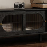 Contemporary Nordic Rectangular Solid Wood TV Stand with Long Rainbow Glass and Brass Accents, 4-Drawer, for Living Room