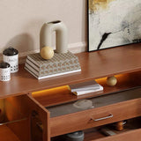 Modern Mid-Century Rectangular Arch TV Stand with Glass Panels, Aluminum Alloy Frame, Solid Wood, 2-Drawer Storage for Living Room