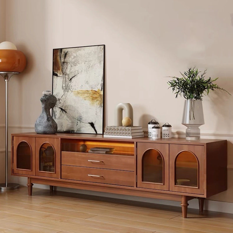 Modern Mid-Century Rectangular Arch TV Stand with Glass Panels, Aluminum Alloy Frame, Solid Wood, 2-Drawer Storage for Living Room