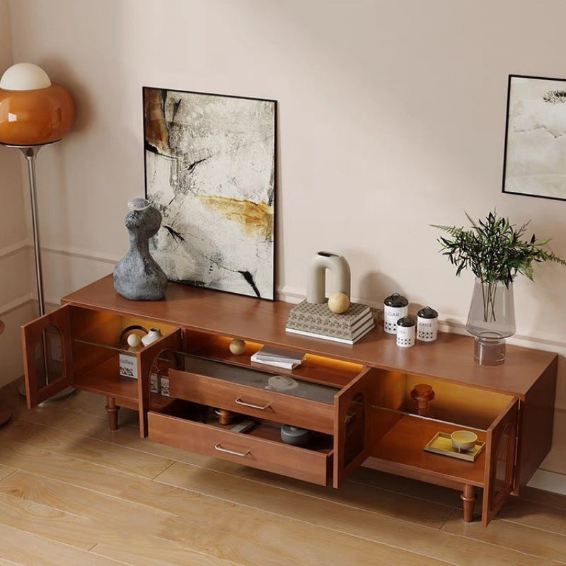 Modern Mid-Century Rectangular Arch TV Stand with Glass Panels, Aluminum Alloy Frame, Solid Wood, 2-Drawer Storage for Living Room