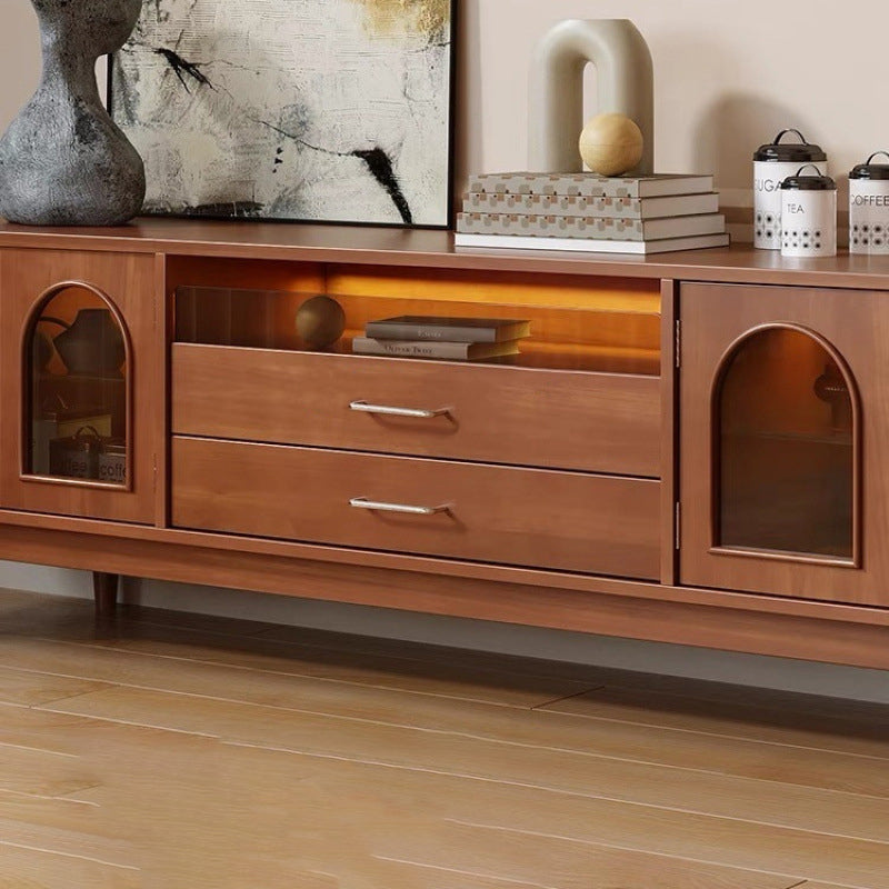 Modern Mid-Century Rectangular Arch TV Stand with Glass Panels, Aluminum Alloy Frame, Solid Wood, 2-Drawer Storage for Living Room
