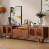 Modern Mid-Century Rectangular Arch TV Stand with Glass Panels, Aluminum Alloy Frame, Solid Wood, 2-Drawer Storage for Living Room